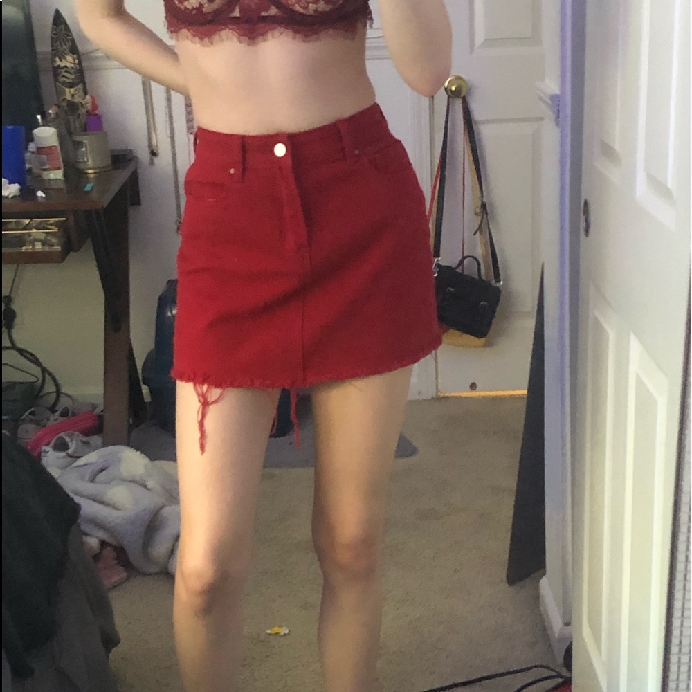 red denim skirt